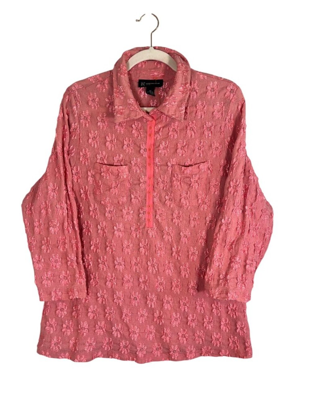 Colorful Floral Shirt Pink 2X Cottage Henley Feminine Textured Chic Preppy Retro